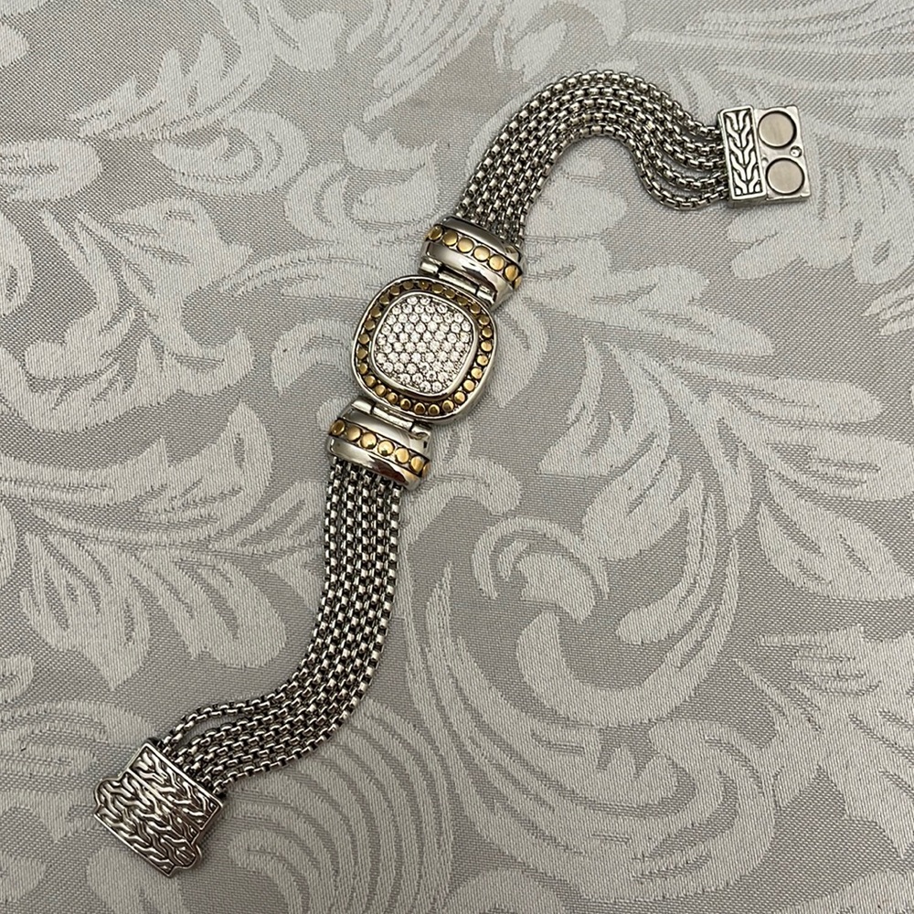 Two-Tone Mesh Chain Bracelet with Pave Center